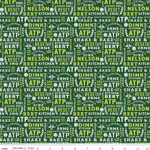 Image of the Pickleball Text Green quilting cotton fabric by Riley Blake Designs. Features text on a green background. Cute Little Fabric Shop