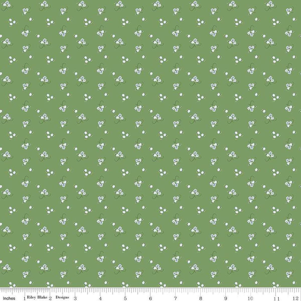 Image of the Bluegrass Charm Floral Green quilting cotton fabric by Riley Blake Designs. Features flowers on a green background. Cute Little Fabric Shop