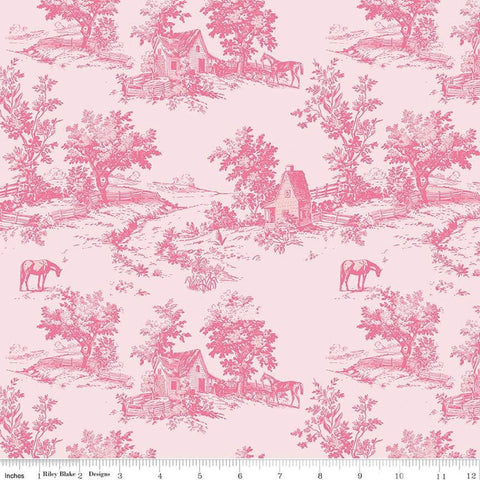 Image of the Bluegrass Charm Toile Pink quilting cotton fabric by Riley Blake Designs. Features landscapes on a pink background. Cute Little Fabric Shop