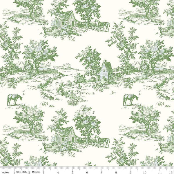 Image of the Bluegrass Charm Toile Green quilting cotton fabric by Riley Blake Designs. Features landscapes on a green background. Cute Little Fabric Shop