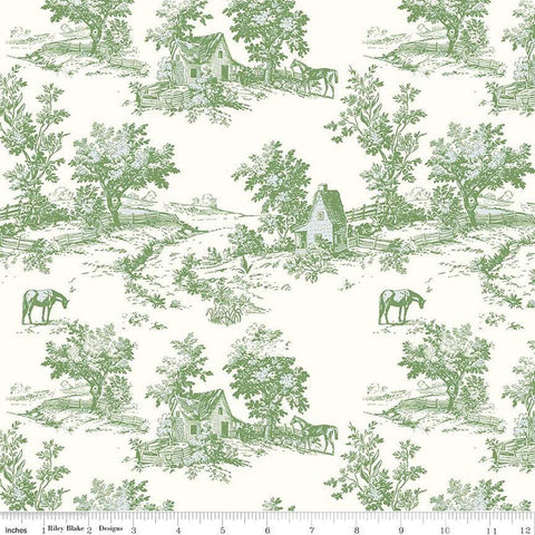 Image of the Bluegrass Charm Toile Green quilting cotton fabric by Riley Blake Designs. Features landscapes on a green background. Cute Little Fabric Shop