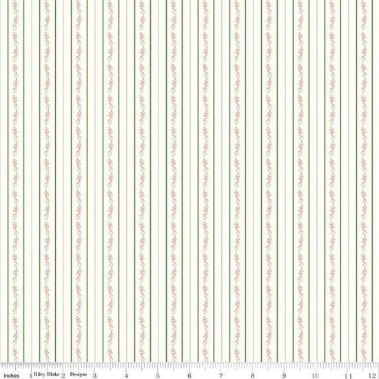 Image of the Bluegrass Charm Floral Stripe Green quilting cotton fabric by Riley Blake Designs. Features flowers on a green background. Cute Little Fabric Shop