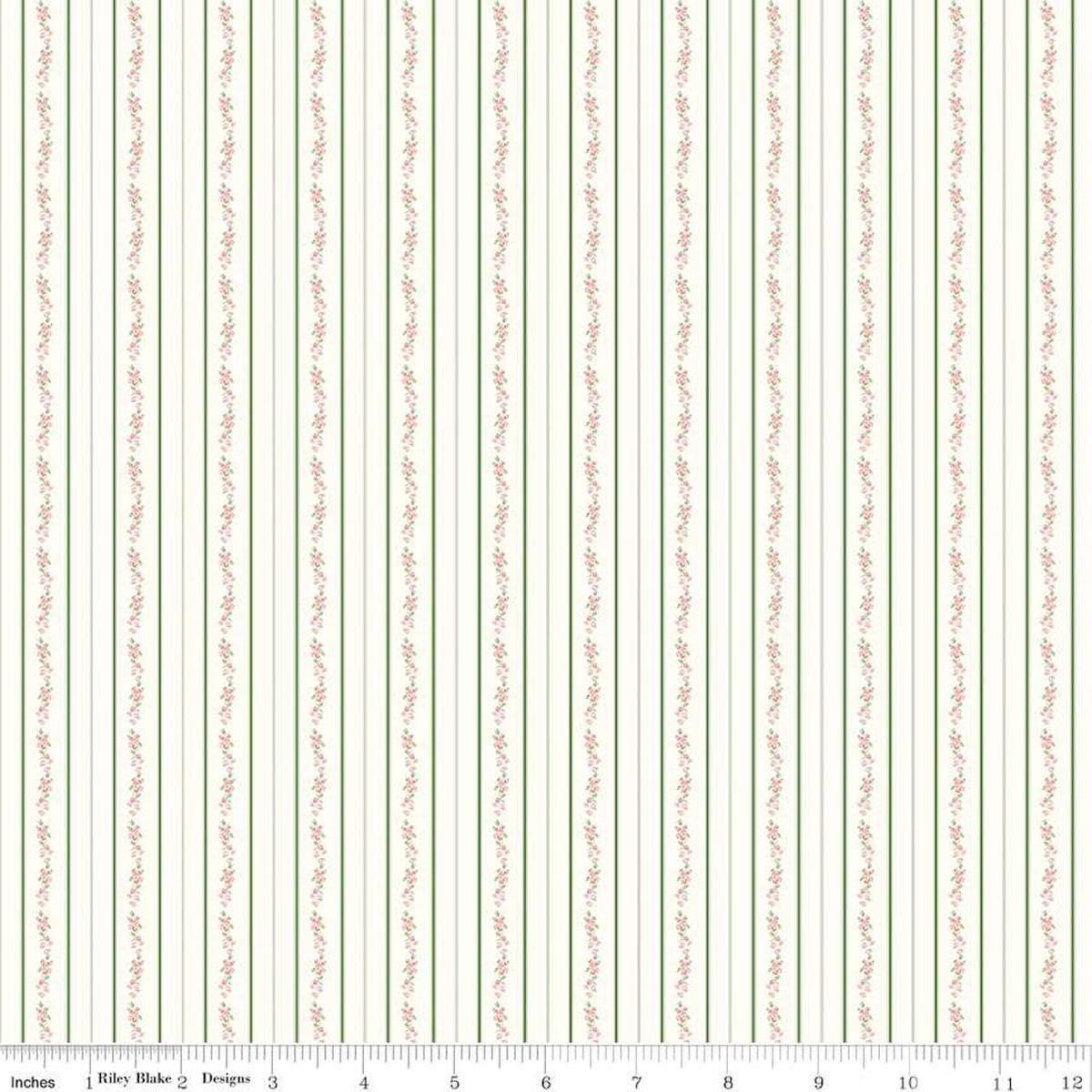Image of the Bluegrass Charm Floral Stripe Green quilting cotton fabric by Riley Blake Designs. Features flowers on a green background. Cute Little Fabric Shop