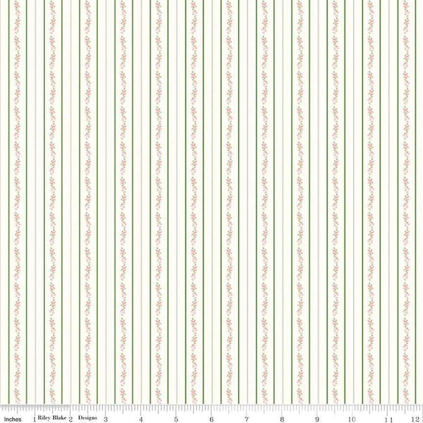 Image of the Bluegrass Charm Floral Stripe Green quilting cotton fabric by Riley Blake Designs. Features flowers on a green background. Cute Little Fabric Shop