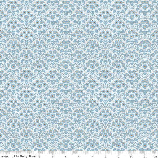 Image of the Bluegrass Charm Damask Mist quilting cotton fabric by Riley Blake Designs. Features damask on a blue background. Cute Little Fabric Shop