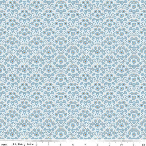 Image of the Bluegrass Charm Damask Mist quilting cotton fabric by Riley Blake Designs. Features damask on a blue background. Cute Little Fabric Shop