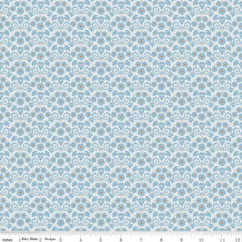 Image of the Bluegrass Charm Damask Mist quilting cotton fabric by Riley Blake Designs. Features damask on a blue background. Cute Little Fabric Shop