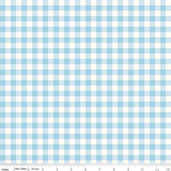 Image of the Bluegrass Charm Gingham Sky quilting cotton fabric by Riley Blake Designs. Features gingham on a blue background. Cute Little Fabric Shop