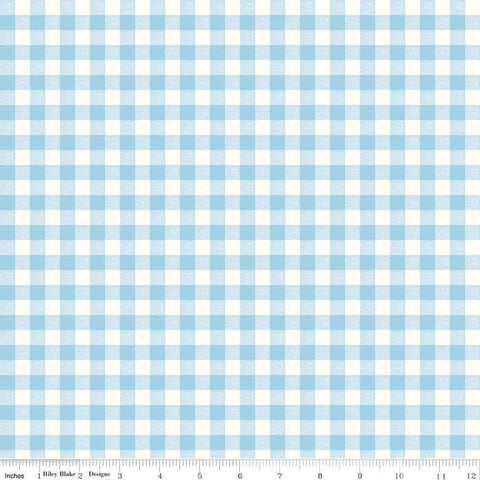 Image of the Bluegrass Charm Gingham Sky quilting cotton fabric by Riley Blake Designs. Features gingham on a blue background. Cute Little Fabric Shop