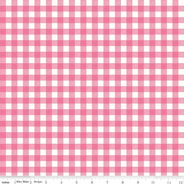 Image of the Bluegrass Charm Gingham Pink quilting cotton fabric by Riley Blake Designs. Features gingham on a pink background. Cute Little Fabric Shop
