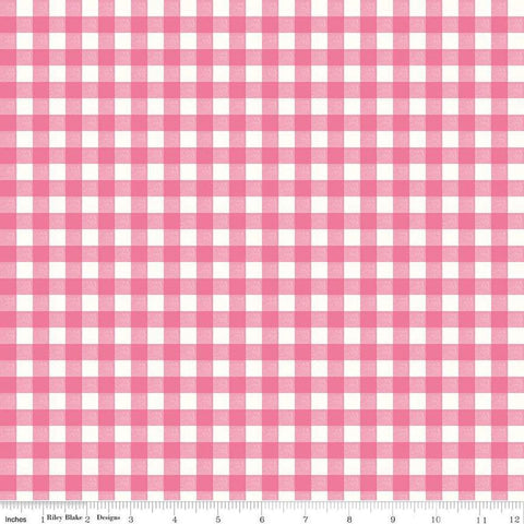 Image of the Bluegrass Charm Gingham Pink quilting cotton fabric by Riley Blake Designs. Features gingham on a pink background. Cute Little Fabric Shop