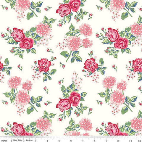 Image of the Bluegrass Charm Main Cloud quilting cotton fabric by Riley Blake Designs. Features flowers on a cream background. Cute Little Fabric Shop