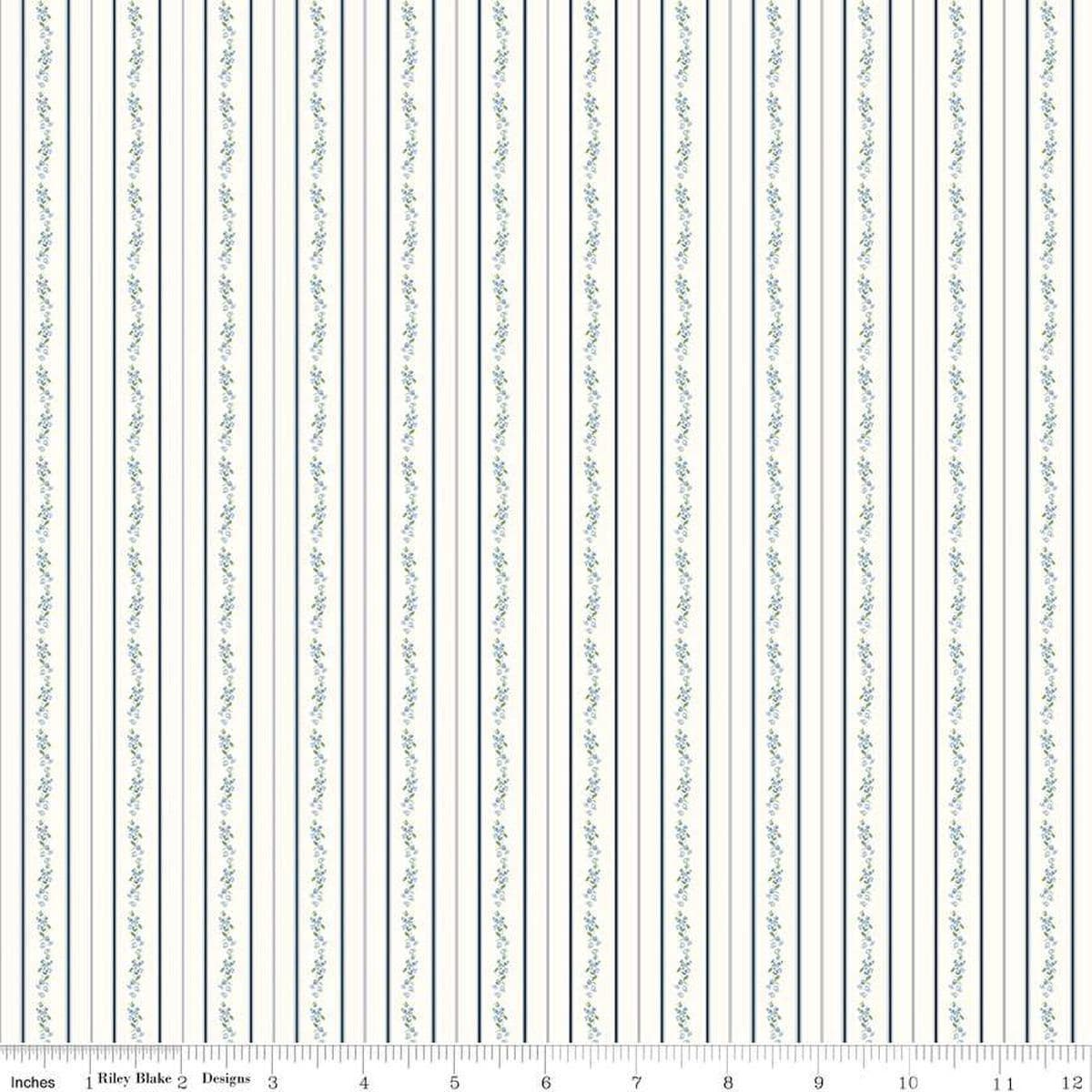 Image of the Bluegrass Charm Floral Stripe Cloud quilting cotton fabric by Riley Blake Designs. Features flowers on a cream background. Cute Little Fabric Shop