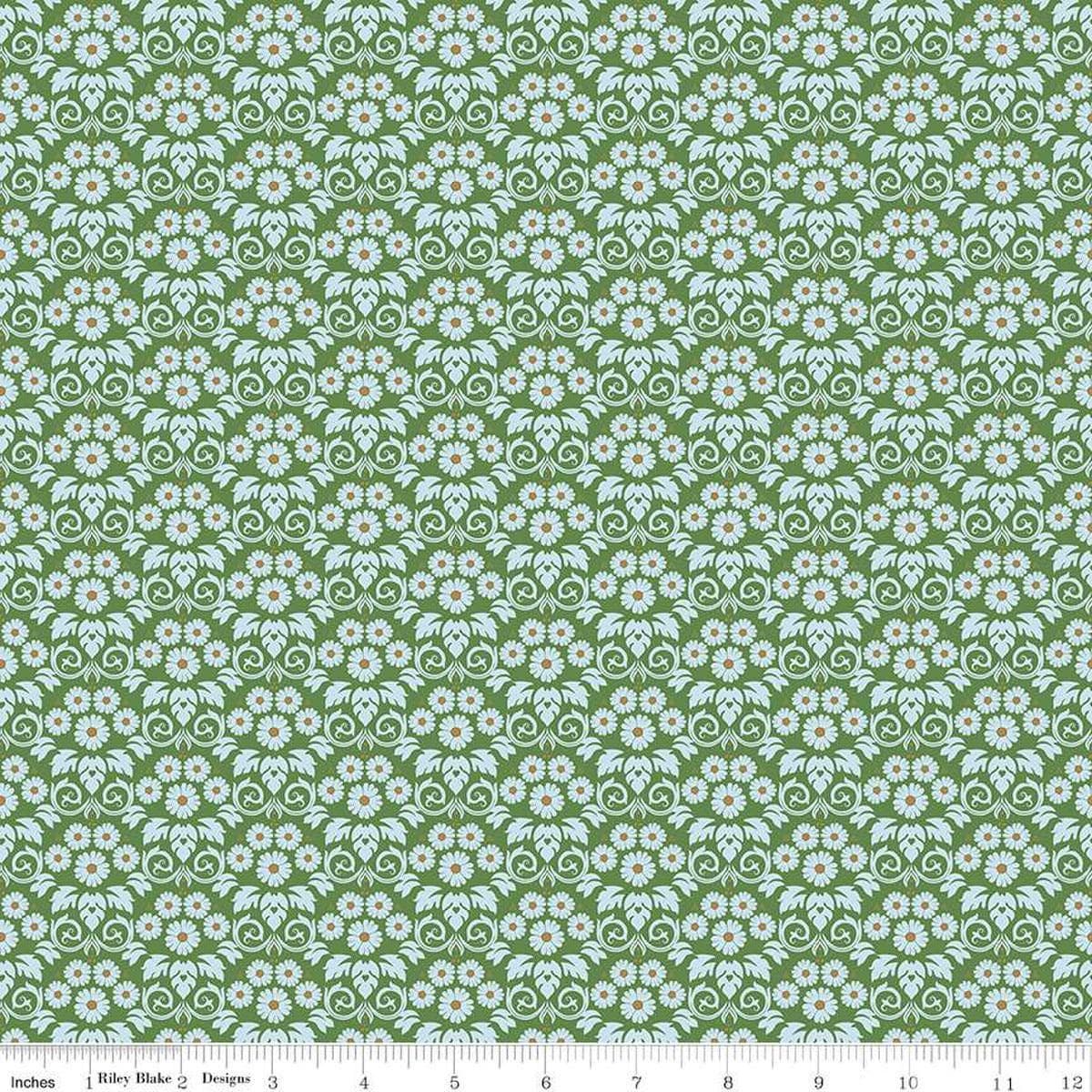 Image of the Bluegrass Charm Damask Green quilting cotton fabric by Riley Blake Designs. Features damask on a green background. Cute Little Fabric Shop