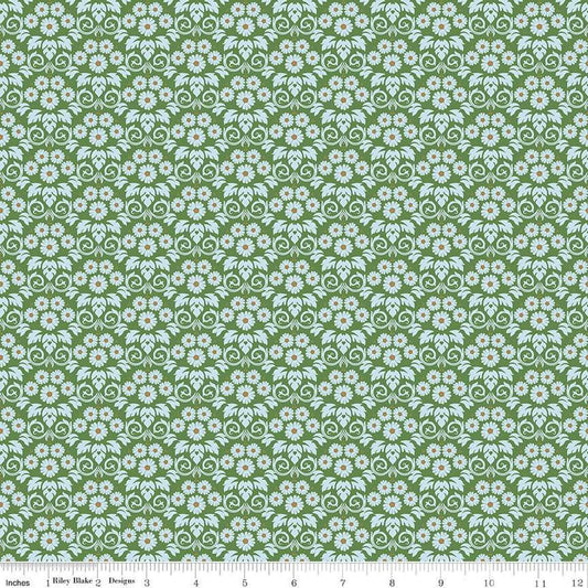 Image of the Bluegrass Charm Damask Green quilting cotton fabric by Riley Blake Designs. Features damask on a green background. Cute Little Fabric Shop