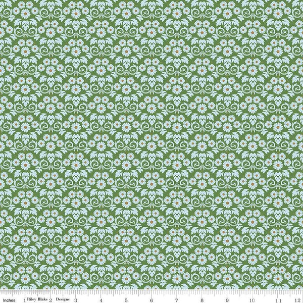 Image of the Bluegrass Charm Damask Green quilting cotton fabric by Riley Blake Designs. Features damask on a green background. Cute Little Fabric Shop