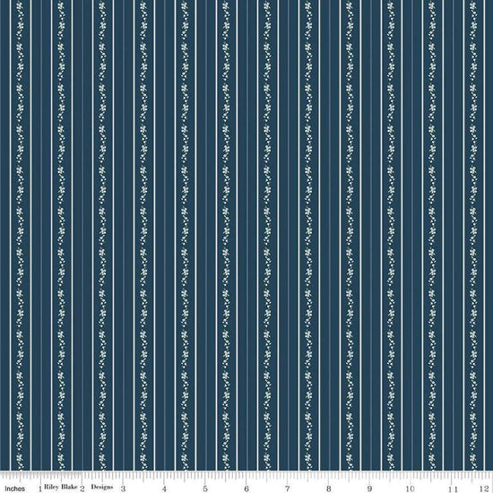 Image of the Bluegrass Charm Floral Stripe Navy quilting cotton fabric by Riley Blake Designs. Features flowers on a blue background. Cute Little Fabric Shop
