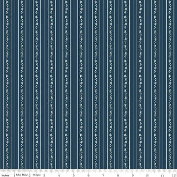 Image of the Bluegrass Charm Floral Stripe Navy quilting cotton fabric by Riley Blake Designs. Features flowers on a blue background. Cute Little Fabric Shop