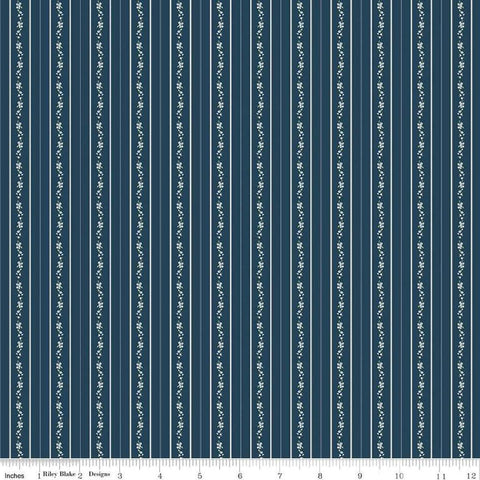 Image of the Bluegrass Charm Floral Stripe Navy quilting cotton fabric by Riley Blake Designs. Features flowers on a blue background. Cute Little Fabric Shop