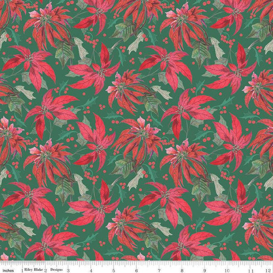 SALE Merry Little Christmas Main C14840 Green - Riley Blake Designs - Floral Flowers Poinsettias - Quilting Cotton Fabric