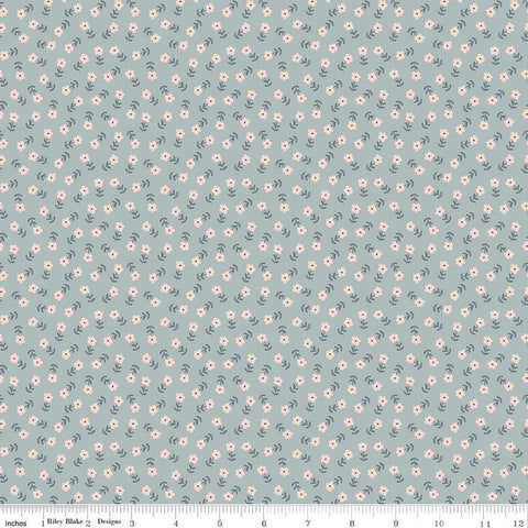 Image of the Cozy Bebe Flowers Dove quilting cotton by Riley Blake Designs. Features flowers on a blue background. Cute Little Fabric Shop