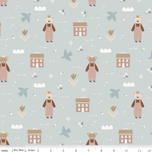 Image of the Cozy Bebe Main Light Blue quilting cotton by Riley Blake Designs. Features icons on a blue background. Cute Little Fabric Shop
