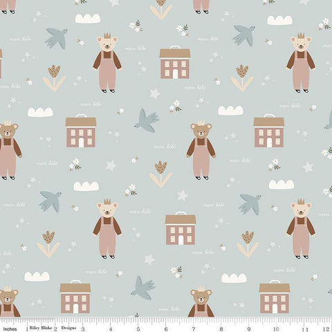 Image of the Cozy Bebe Main Light Blue quilting cotton by Riley Blake Designs. Features icons on a blue background. Cute Little Fabric Shop