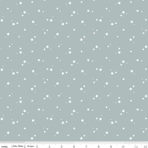 Image of the Cozy Bebe Stars Dove quilting cotton by Riley Blake Designs. Features stars on a blue background. Cute Little Fabric Shop