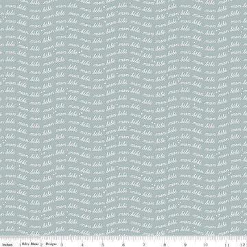 Image of the Cozy Bebe Text Dove quilting cotton by Riley Blake Designs. Features text on a blue background. Cute Little Fabric Shop