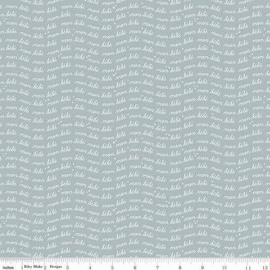 Image of the Cozy Bebe Text Dove quilting cotton by Riley Blake Designs. Features text on a blue background. Cute Little Fabric Shop