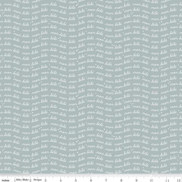 Image of the Cozy Bebe Text Dove quilting cotton by Riley Blake Designs. Features text on a blue background. Cute Little Fabric Shop