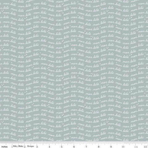Image of the Cozy Bebe Text Dove quilting cotton by Riley Blake Designs. Features text on a blue background. Cute Little Fabric Shop