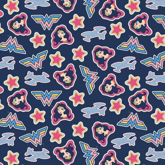 SALE Young DC Wonder Woman Jr Tossed Stickers 23421457 Navy - Camelot Fabrics - Stars - Quilting Cotton Fabric - Official Licensed Product