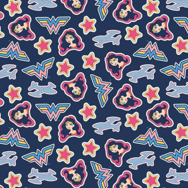 Young DC Wonder Woman Jr Tossed Stickers 23421457 Navy - Camelot Fabrics - Stars - Quilting Cotton Fabric - Official Licensed Product