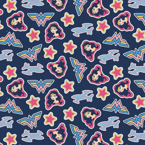 Young DC Wonder Woman Jr Tossed Stickers 23421457 Navy - Camelot Fabrics - Stars - Quilting Cotton Fabric - Official Licensed Product