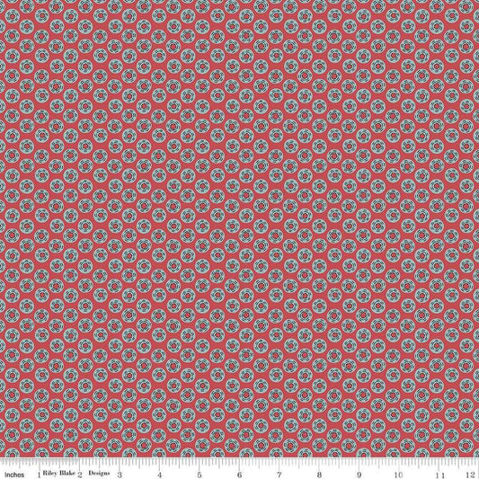 Image of the Emma Mr. Knightley quilting cotton fabric by Riley Blake Designs. Features circles on a burgundy background. Cute Little Fabric Shop
