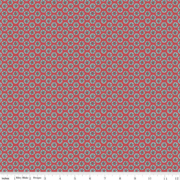 Image of the Emma Mr. Knightley quilting cotton fabric by Riley Blake Designs. Features circles on a burgundy background. Cute Little Fabric Shop