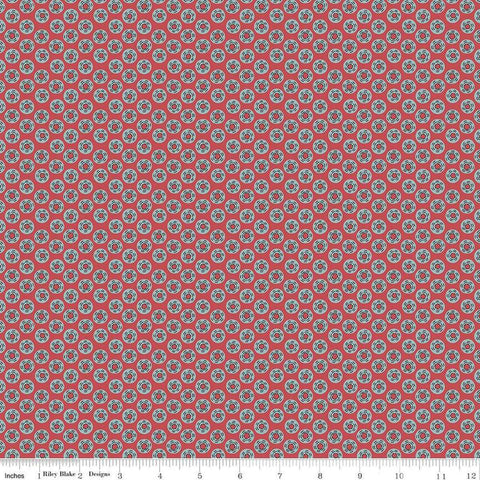 Image of the Emma Mr. Knightley quilting cotton fabric by Riley Blake Designs. Features circles on a burgundy background. Cute Little Fabric Shop