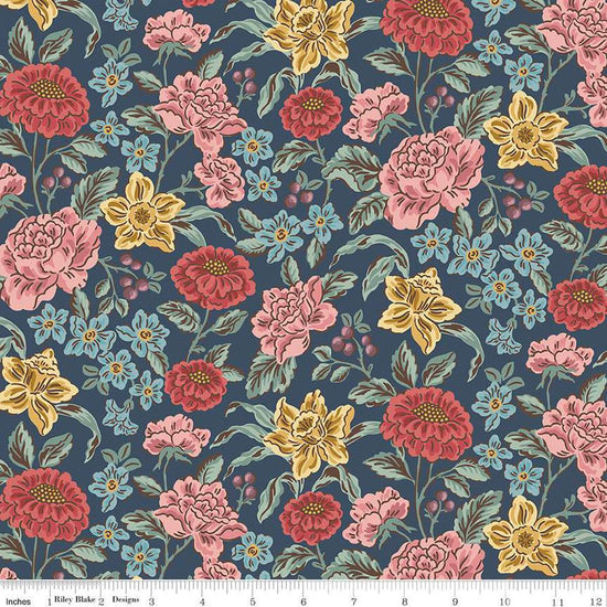 Image of the Emma Hartfield Navy quilting cotton fabric by Riley Blake Designs. Features flowers on a blue background. Cute Little Fabric Shop