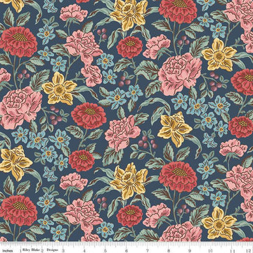 Image of the Emma Hartfield Navy quilting cotton fabric by Riley Blake Designs. Features flowers on a blue background. Cute Little Fabric Shop