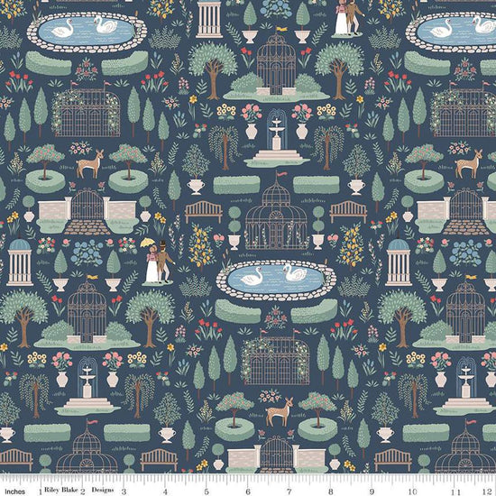 Image of the Emma Highbury Navy quilting cotton fabric by Riley Blake Designs. Features a landscape on a blue background. Cute Little Fabric Shop