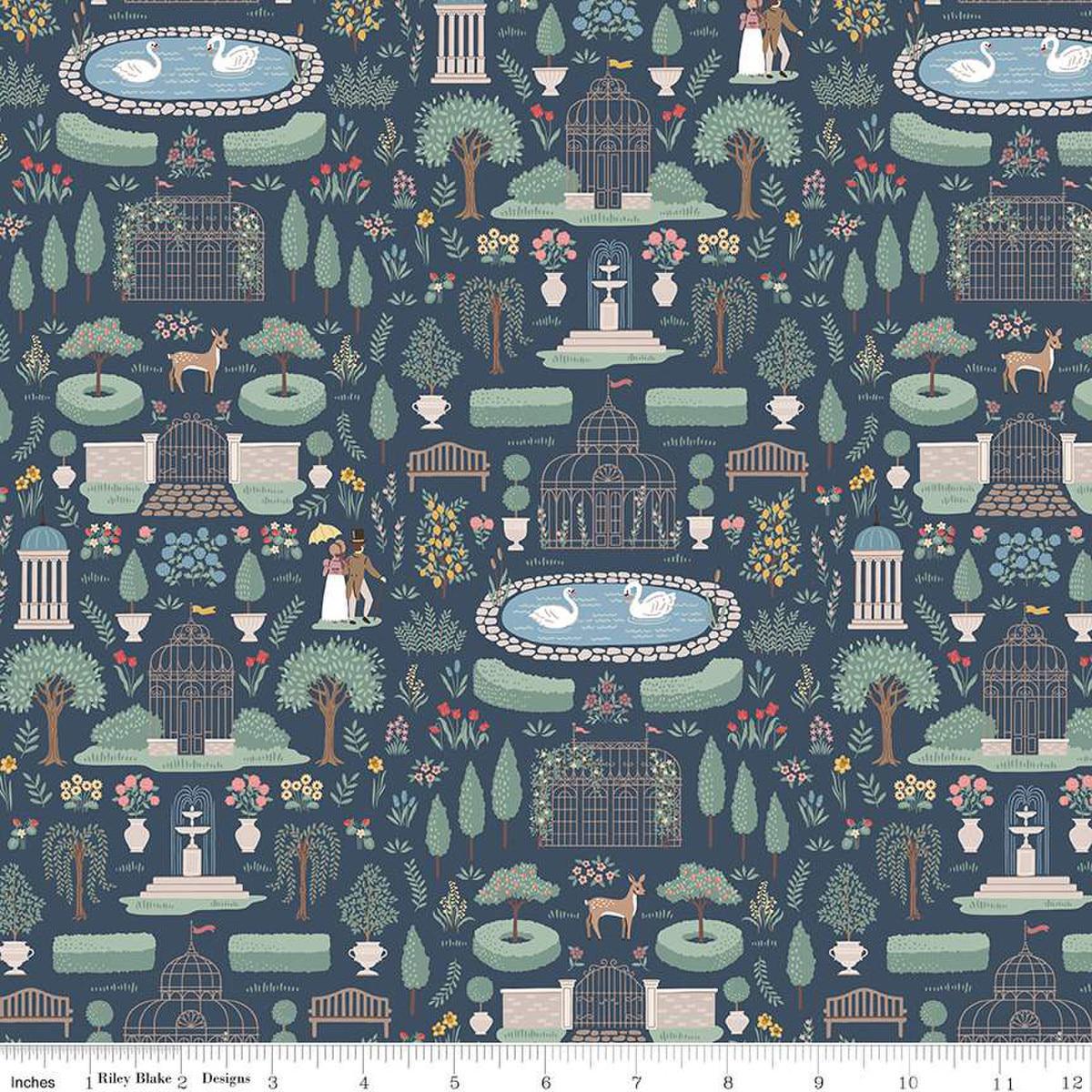 Image of the Emma Highbury Navy quilting cotton fabric by Riley Blake Designs. Features a landscape on a blue background. Cute Little Fabric Shop