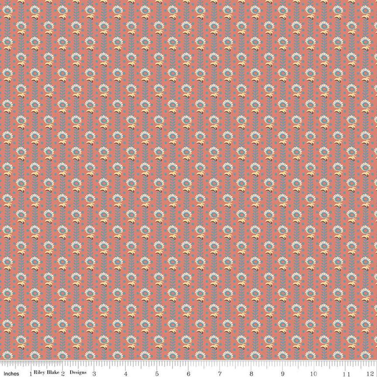 Image of the Emma Mrs. Goddard quilting cotton fabric by Riley Blake Designs. Features stripes on a pink background. Cute Little Fabric Shop