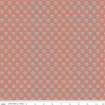 Image of the Emma Mrs. Goddard quilting cotton fabric by Riley Blake Designs. Features stripes on a pink background. Cute Little Fabric Shop