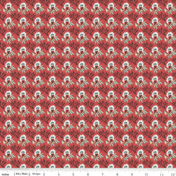 Image of the Emma Woodhouse quilting cotton fabric by Riley Blake Designs. Features flowers on a red background. Cute Little Fabric Shop