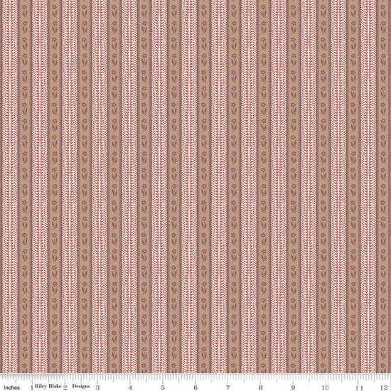 Image of the Emma Mrs. Bates quilting cotton fabric by Riley Blake Designs. Features stripes on a pink background. Cute Little Fabric Shop