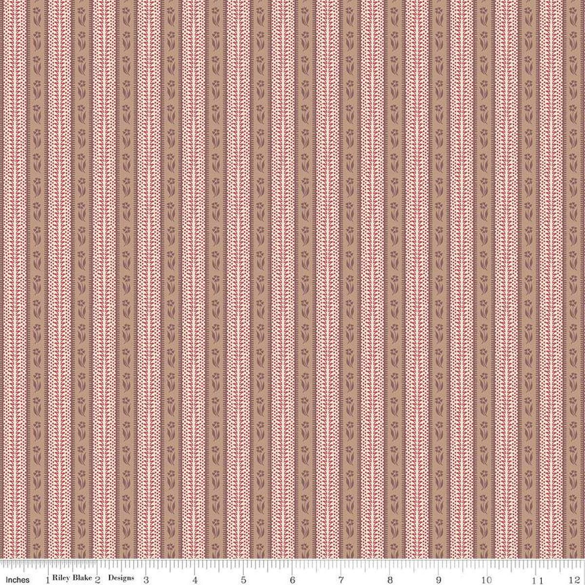 Image of the Emma Mrs. Bates quilting cotton fabric by Riley Blake Designs. Features stripes on a pink background. Cute Little Fabric Shop
