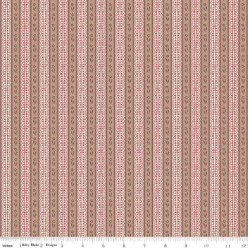 Image of the Emma Mrs. Bates quilting cotton fabric by Riley Blake Designs. Features stripes on a pink background. Cute Little Fabric Shop