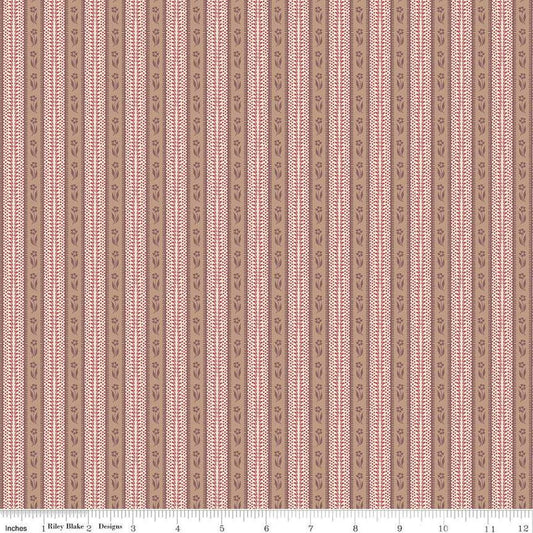Image of the Emma Mrs. Bates quilting cotton fabric by Riley Blake Designs. Features stripes on a pink background. Cute Little Fabric Shop