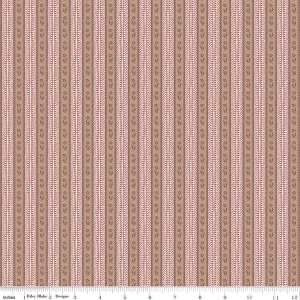Image of the Emma Mrs. Bates quilting cotton fabric by Riley Blake Designs. Features stripes on a pink background. Cute Little Fabric Shop